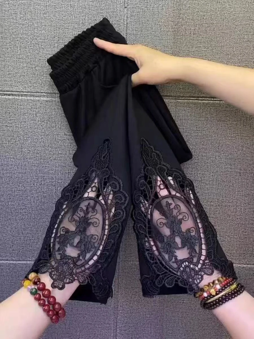 5022-夏季冰感牛奶丝重工刺绣镂空弹力大码裤