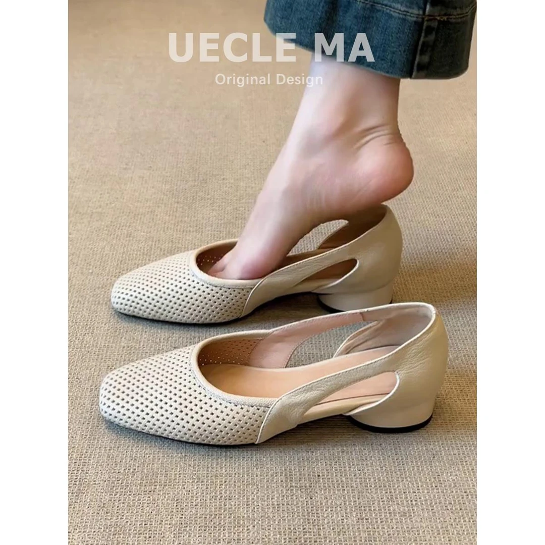 超软皮~法式凉单鞋方头镂空洞洞鞋复古浅口中空透气网状玛丽珍鞋