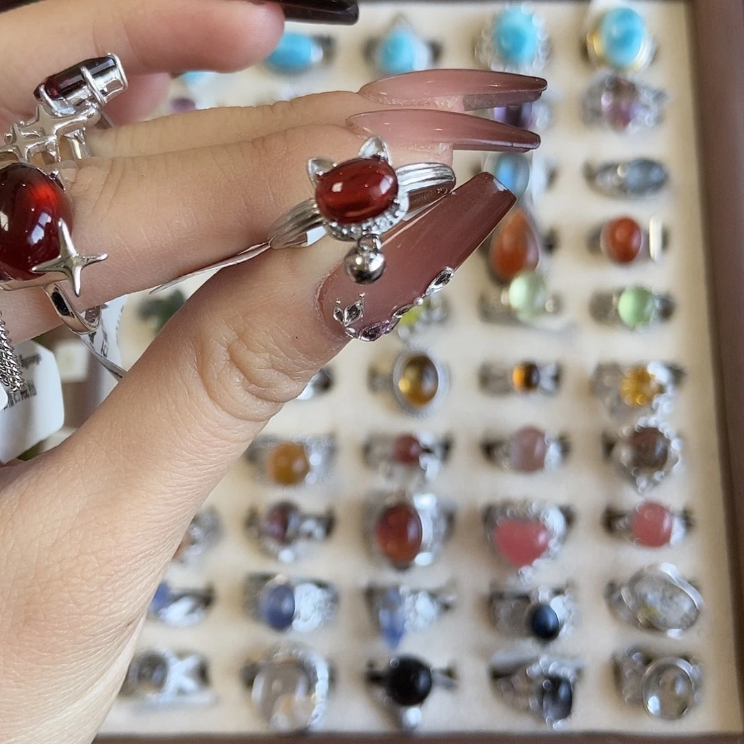 罐***）戒指烟晶银S925镶嵌猫头石榴石