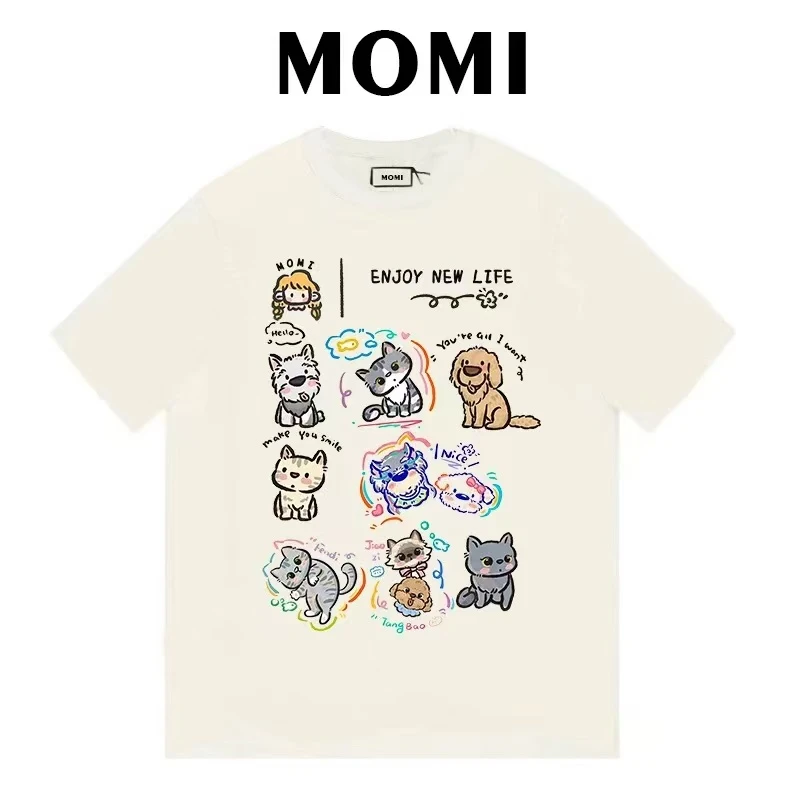 【MOMI】现货 卡通猫狗纯棉短袖男女宽松百搭T恤