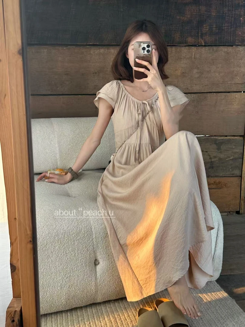 Peach自制  爱在黄昏日落时 设计感系带抽绳皱褶纹理连衣裙10196