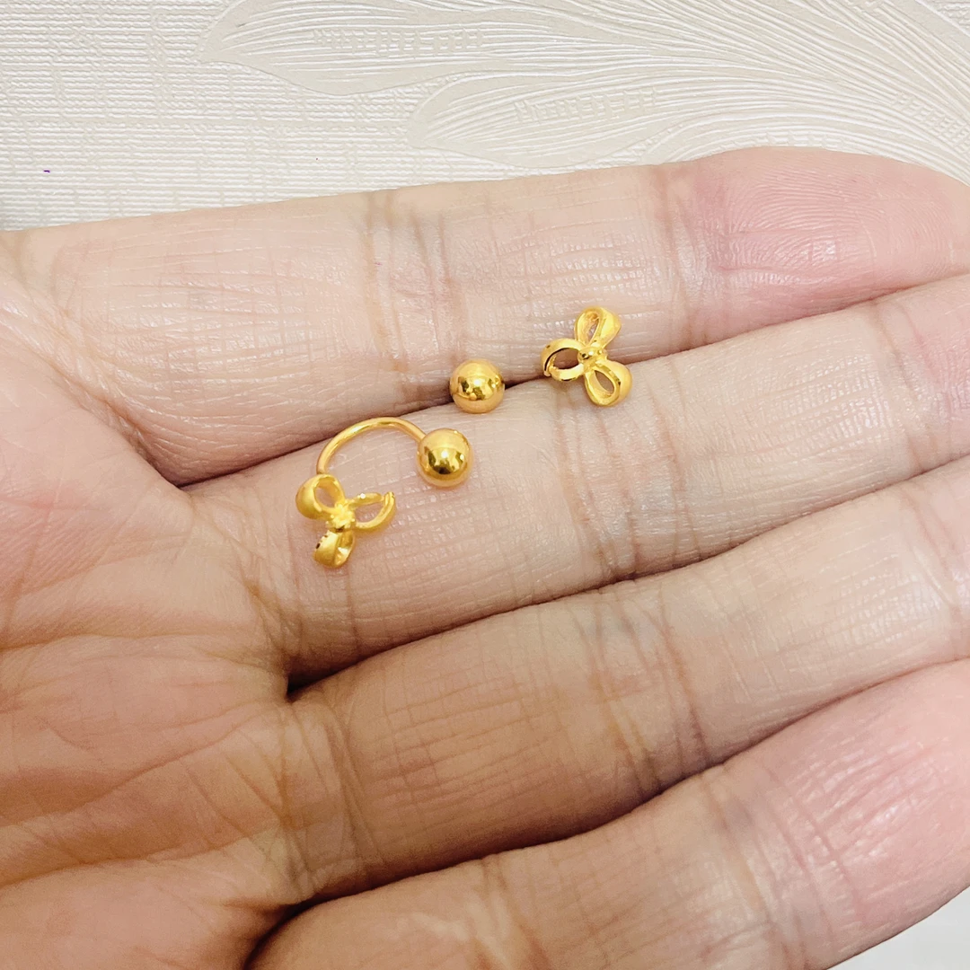 足金999在逃公主蝴蝶结U型耳钉螺丝珠珠仙女气质精致