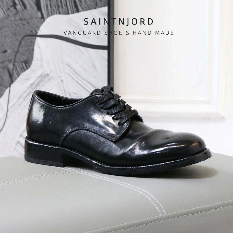 马皮褶皱质感复古低帮男士正装商务休闲皮鞋真皮软底德比鞋