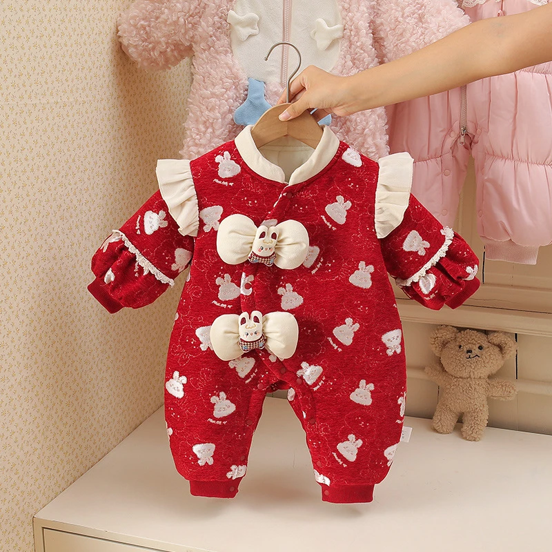 冬款红色乖乖兔连体衣夹棉满月百日宴周岁哈衣宝宝婴儿衣服爬服