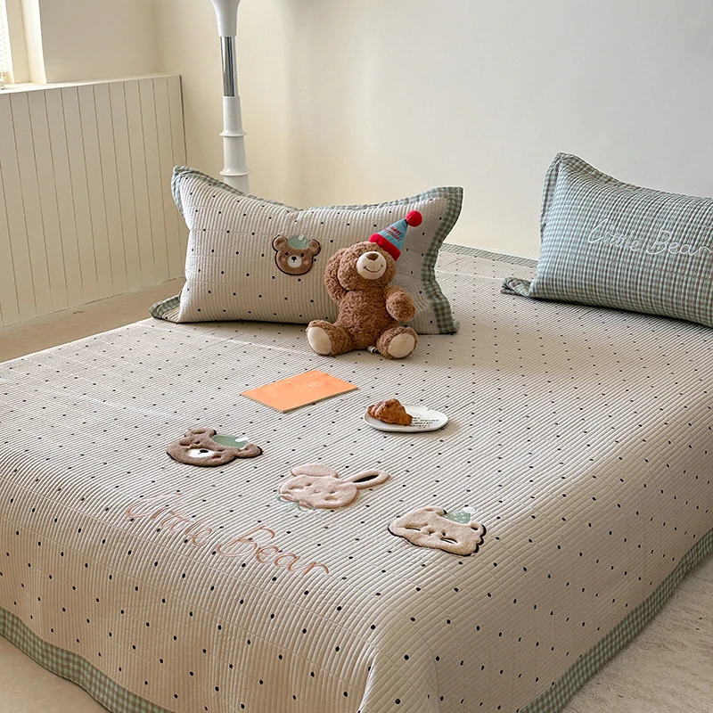 卡通可爱全棉刺绣款绗缝夹棉床盖炕盖榻榻米加厚床单女孩家用被套