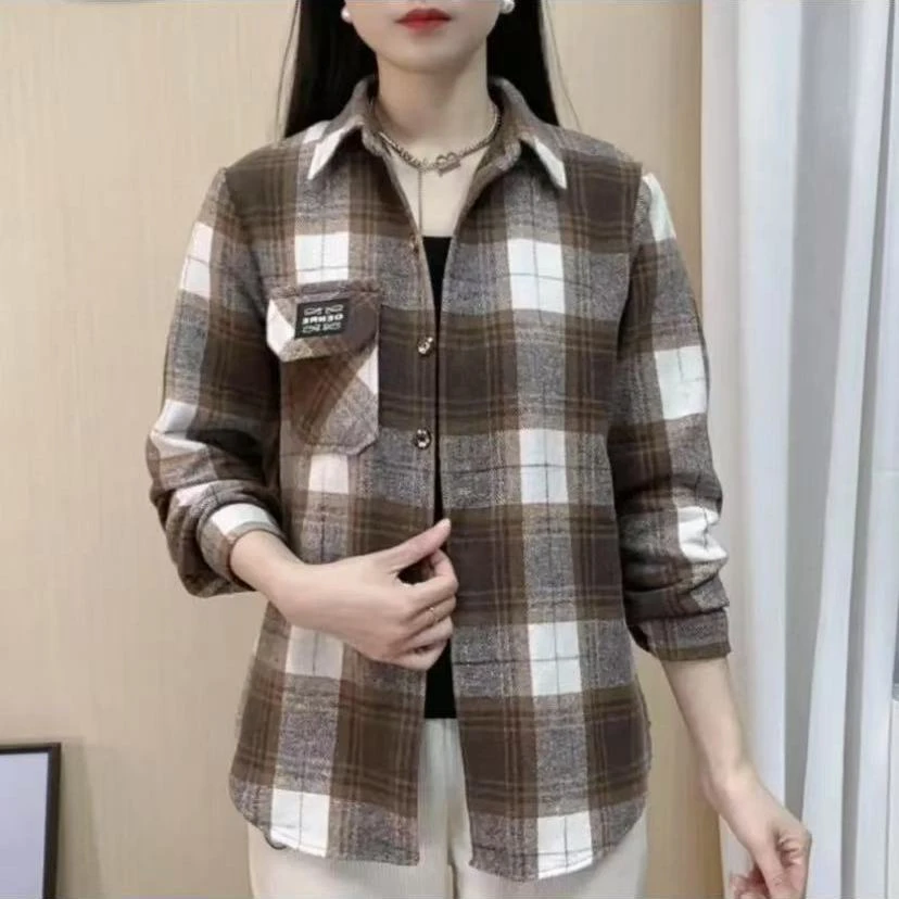 中老年加厚磨毛新款长袖格子衬衫春秋妈妈休闲宽松衬衣上衣外套女