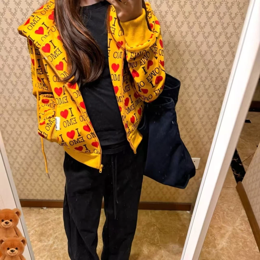 美式复古字母爱心满印长袖连帽卫衣开衫女春秋宽松休闲百搭外套潮