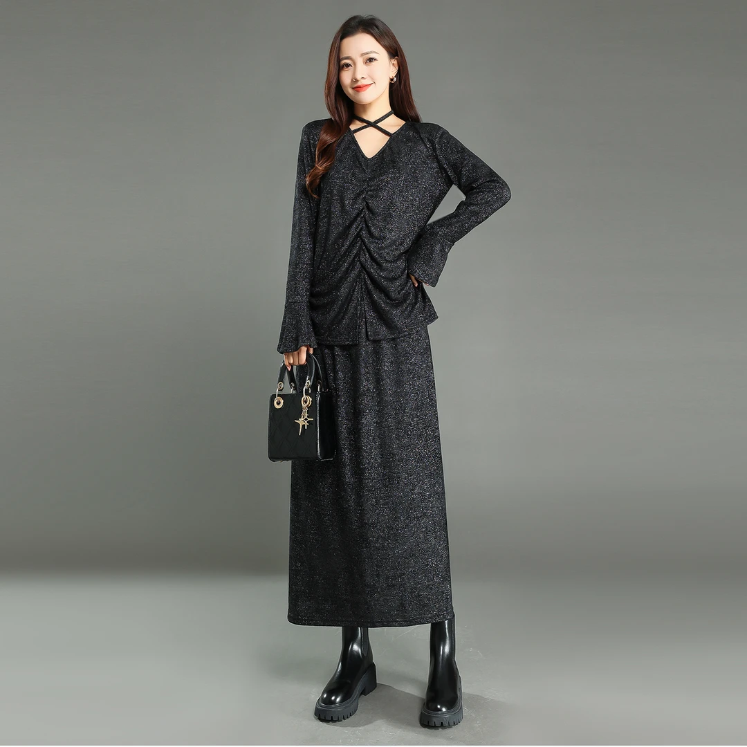 2025时尚套装法式半身裙套装复古黑色气质中长款蕾丝衫两件套女