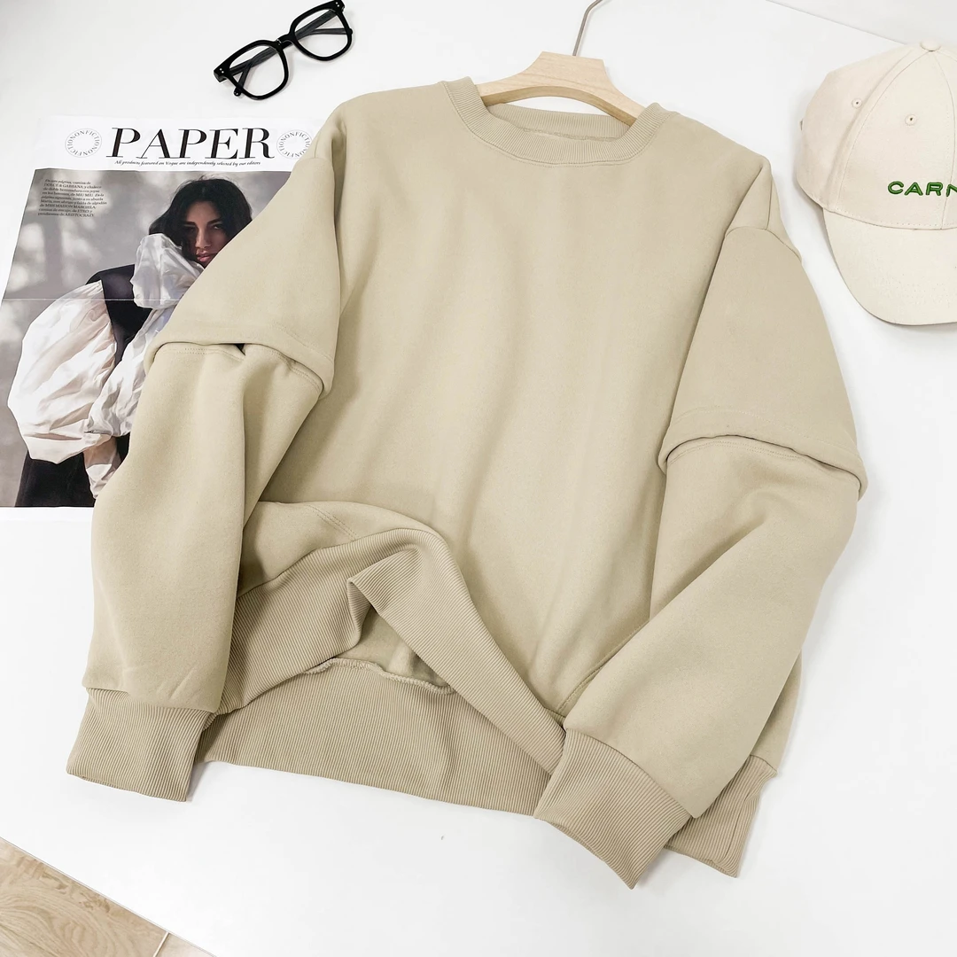 春秋新款加厚圆领收袖口袖子拼接纯色卫衣