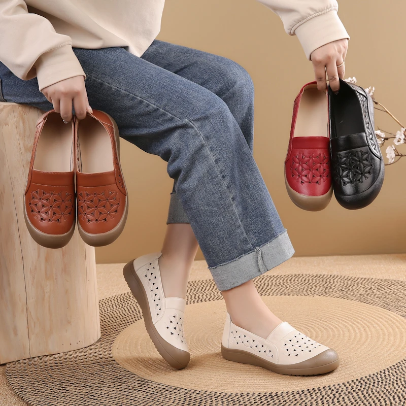 夏季真皮中老年舒适女单鞋镂空透气凉鞋圆头平底女鞋休闲平跟皮鞋