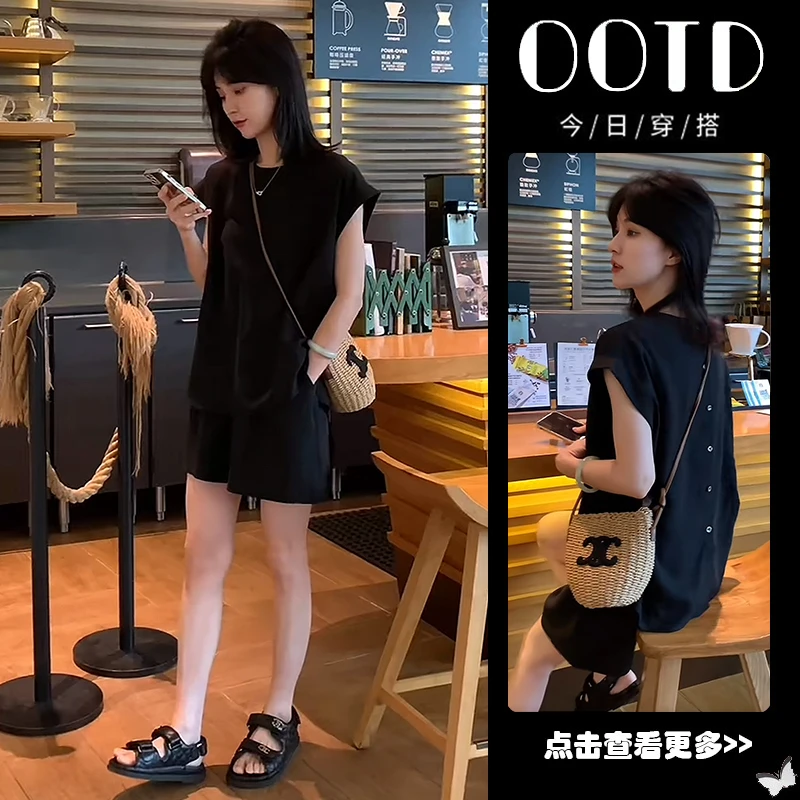 【现货】夏季穿搭一整套女2025新款韩版黑色休闲衬衫高腰短裤两件套