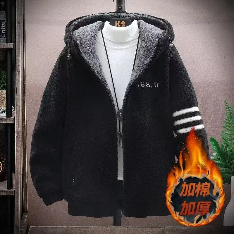双面绒外套男秋冬季潮牌胖子大码衣服宽松连帽摇粒绒加厚保暖夹克