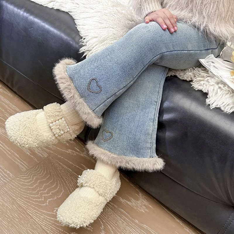 女童牛仔裤加绒长裤小童秋冬裤子厚款高腰阔腿裤喇叭裤