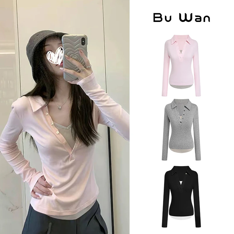 春夏气质显瘦假两件T恤2025新款时髦撞色V领打底长袖上衣女3397