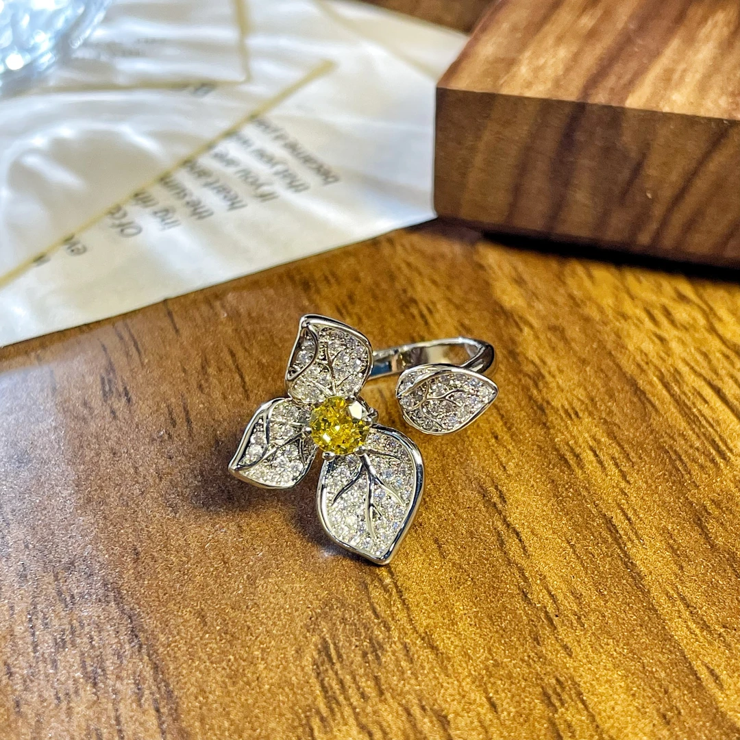 铜合金合成锆石戒指 0316 时尚百搭简约银色花花开口戒指