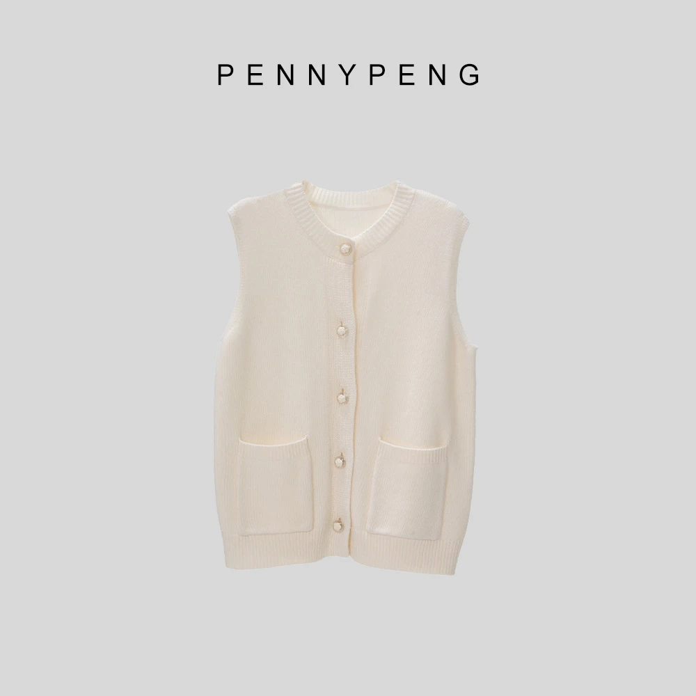 PENNYPENG未央欧若风春季气质百搭简约白色松弛氛围感小圆领马夹