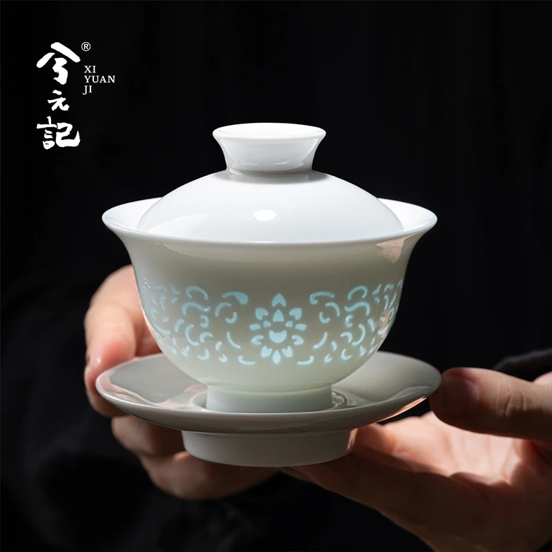 玲珑瓷三才盖碗茶杯三件套家用单个高档陶瓷功夫泡茶碗2025新款