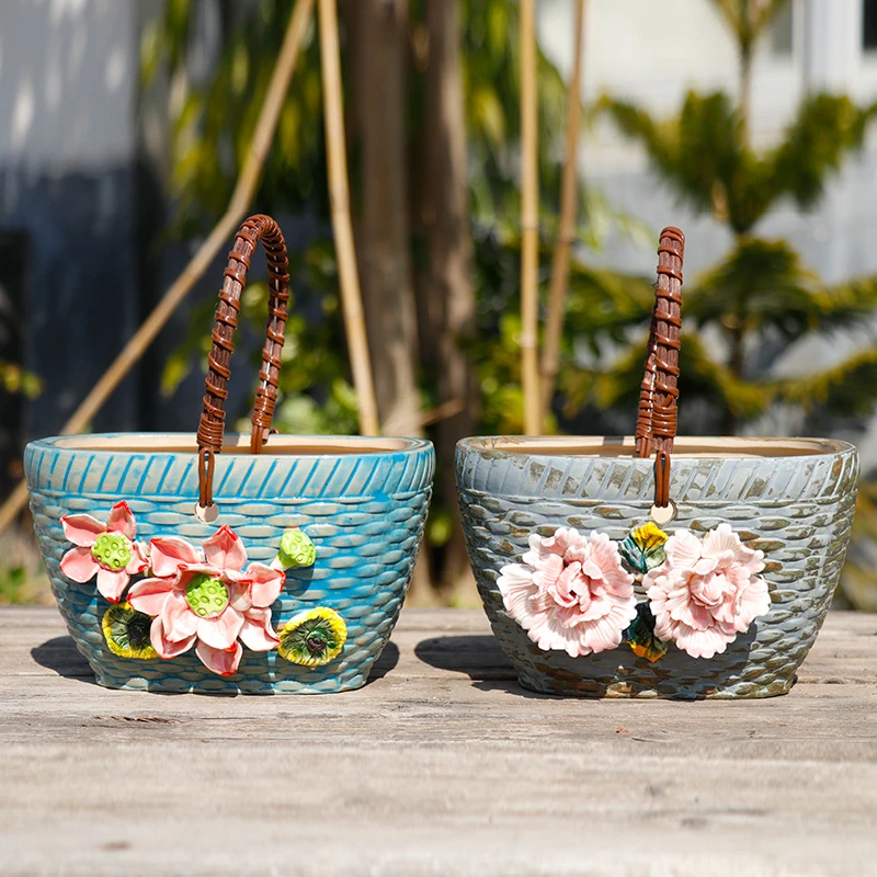 手工陶瓷多肉花盆创意透气粗陶手提篮绿植盆栽