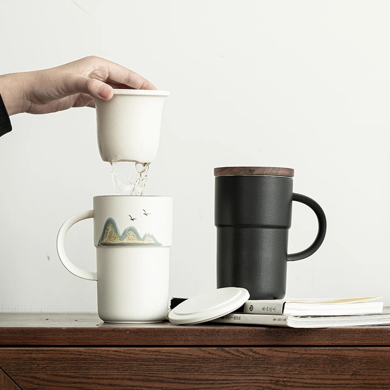 【金阁】手绘远山大容量陶瓷茶水分离茶杯带盖带过滤泡茶水杯喝茶杯