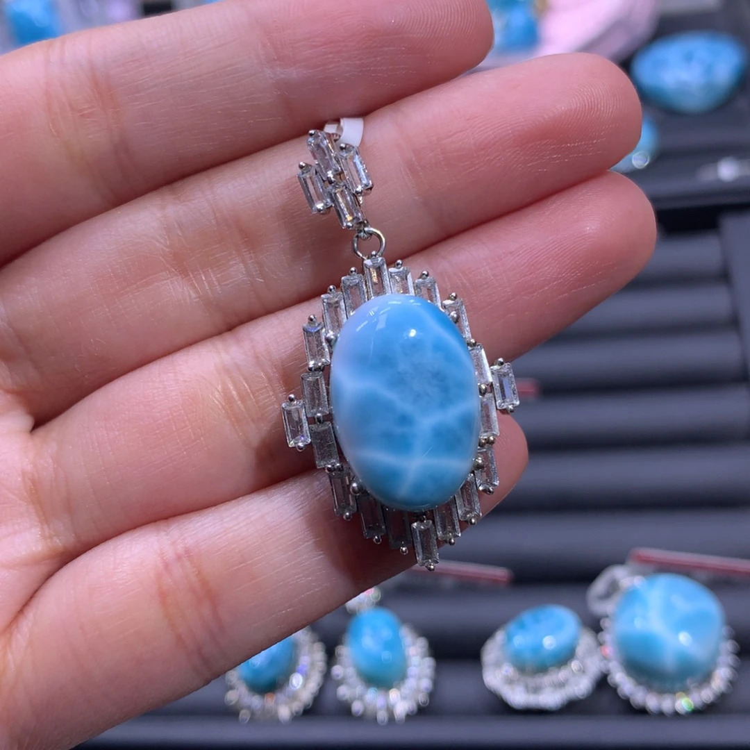 针钠钙石（海纹石）银S925镶嵌吊坠(不含链)蛋面吊坠色差略异