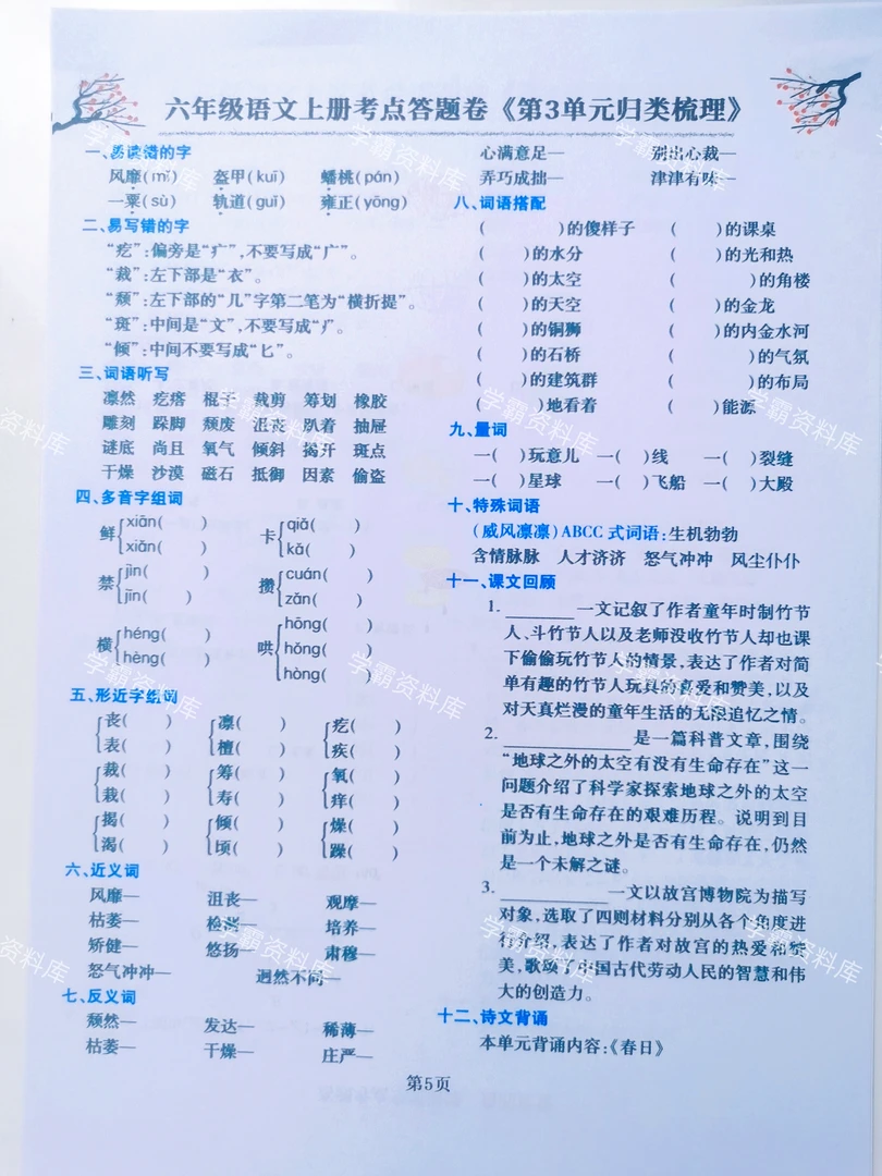 六年级上册1-8单元知识掌握重点练习电子版