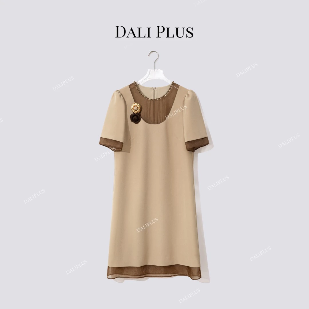 DALI PLUS“枇杷茶色”可拆卸山茶花网纱拼接连衣裙-D5LT2184