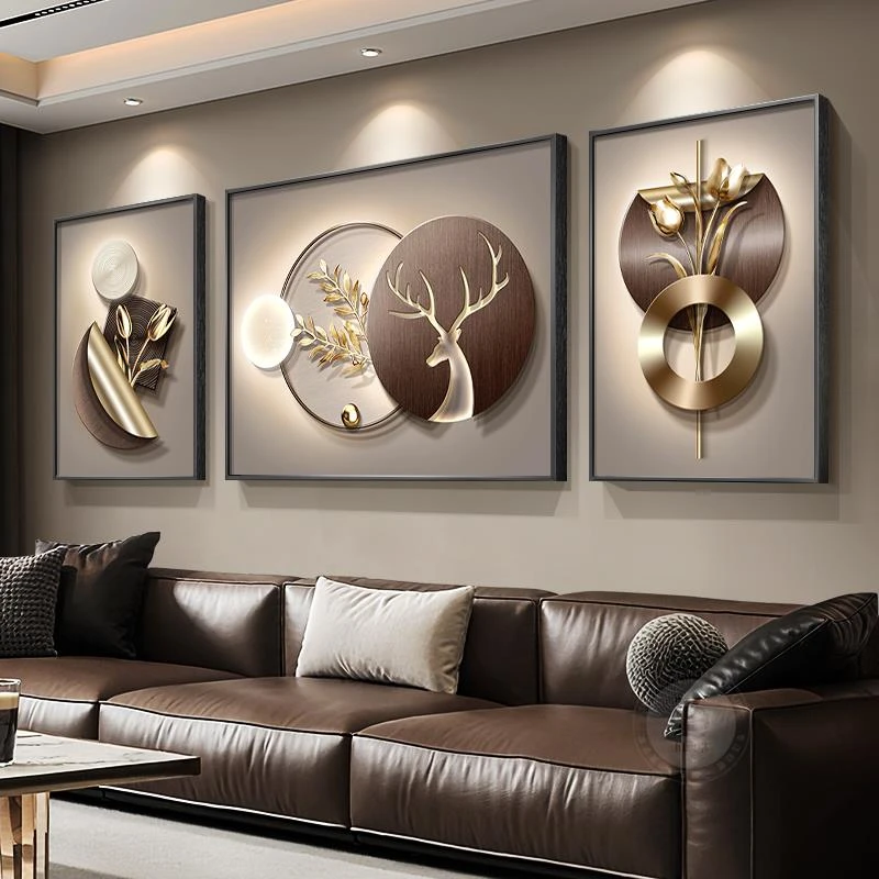 轻奢高级感客厅装饰画2025新款沙发背景墙挂画抽象麋鹿三联壁画