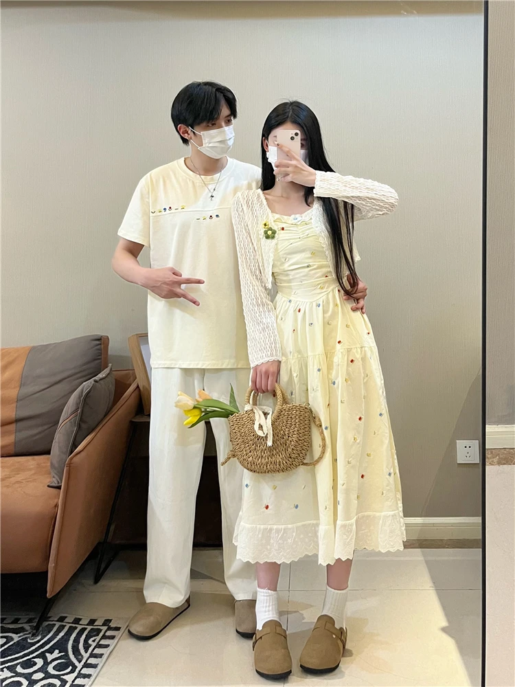 情侣装夏季吊带街头风连衣裙开衫时尚套装中国风甜美清新男短袖