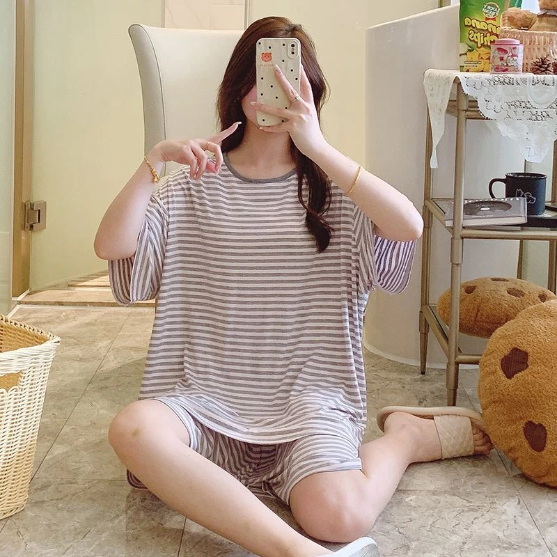 条纹休闲睡衣女莫代尔夏季短袖短裤加肥大码宽松200斤胖MM家居服