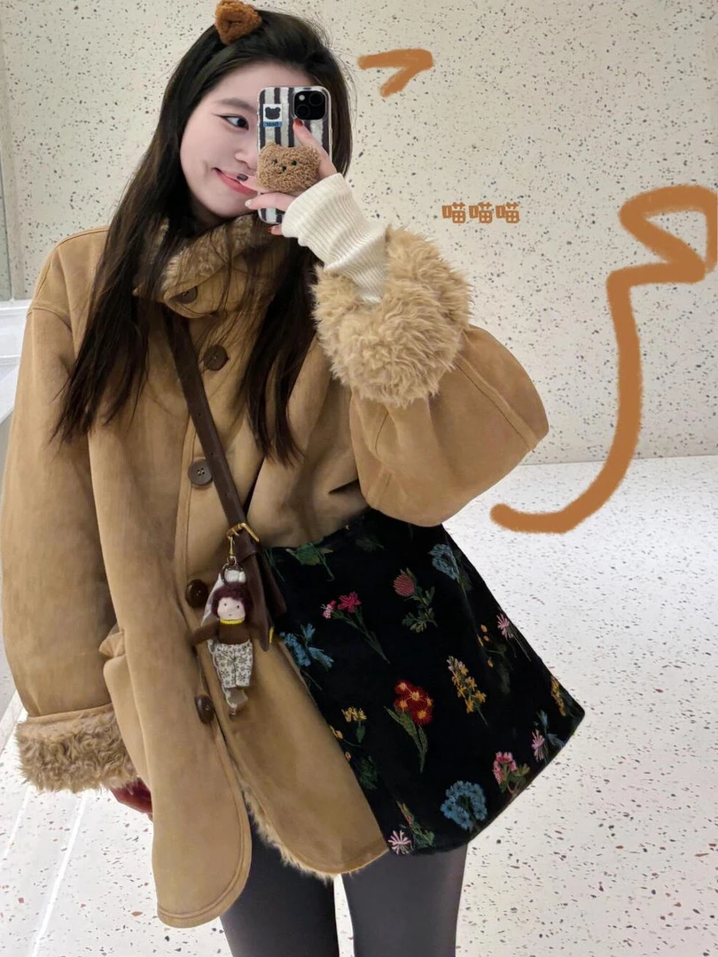 人造皮草 双面穿羊羔毛环保皮草百搭保加厚机车服麂皮绒毛毛外套