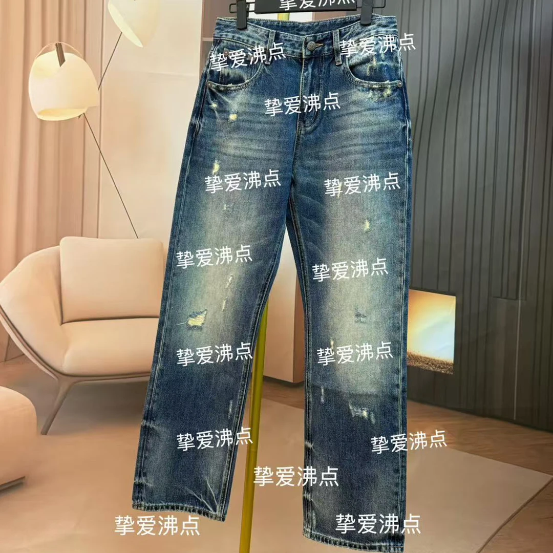 多破洞窄版直筒牛仔裤