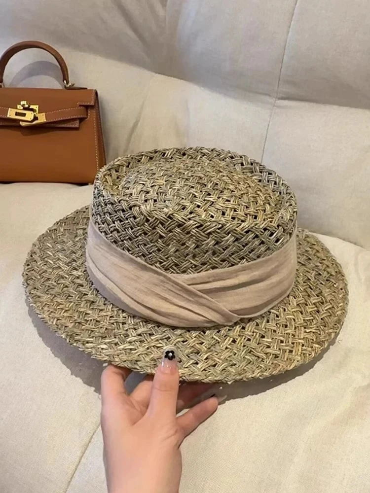 沙滩帽遮阳帽帽子草帽平顶休闲咸草草帽时尚草编夏季