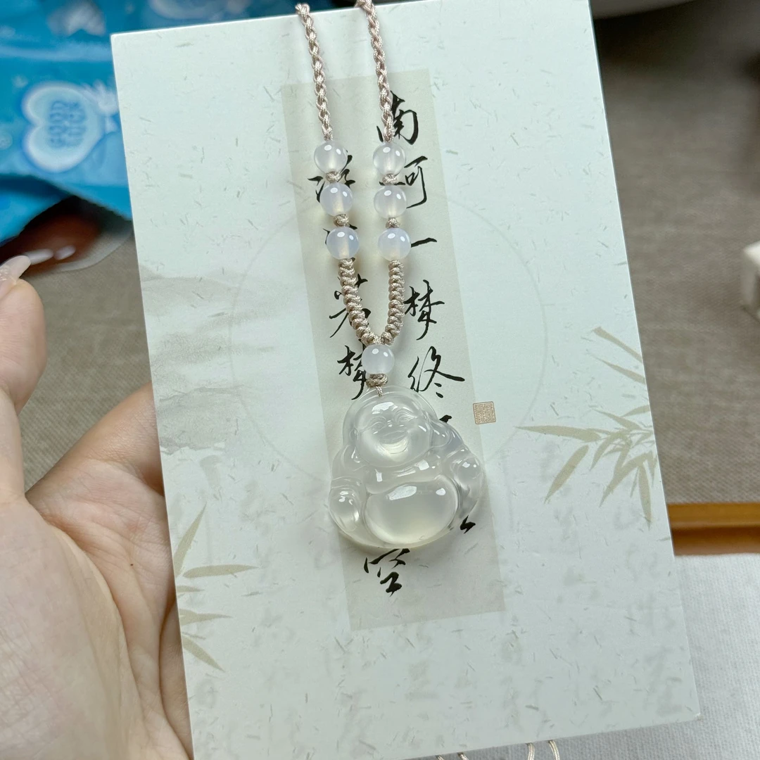 玛瑙玉髓马料高冰透双面大肚弥勒佛公白月光拍1发1