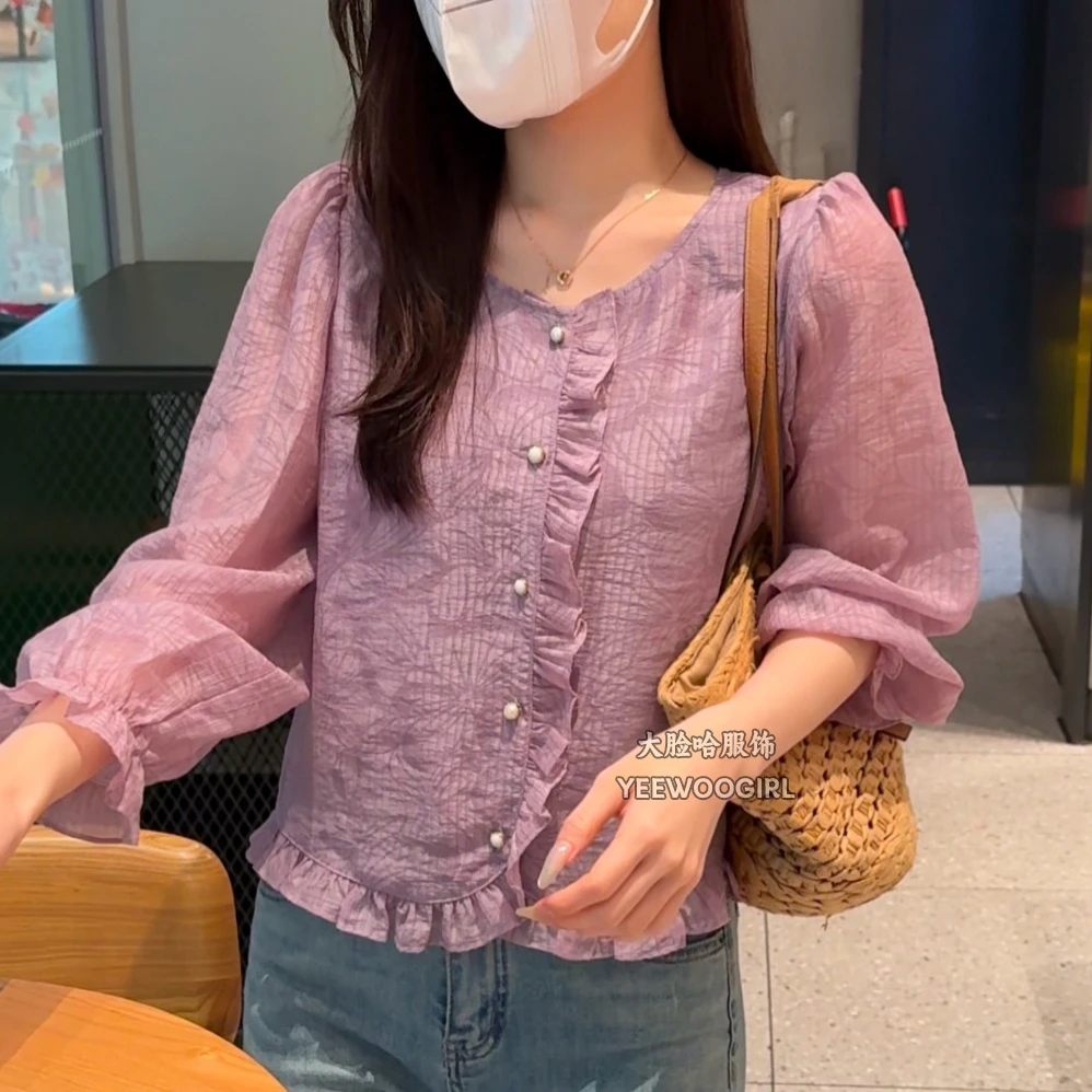 【大脸哈】温柔风木耳边衬衫女2025新款洋气甜美宽松减龄泡泡袖上衣