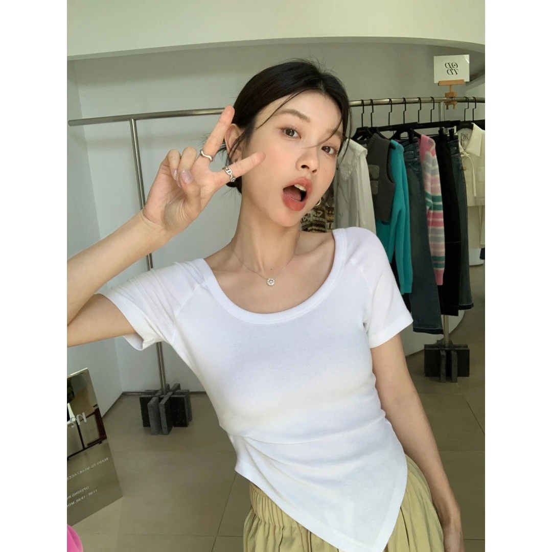 张贝贝ibell【省钱风】不规则修身纯色T恤女百搭显瘦短袖上衣夏季