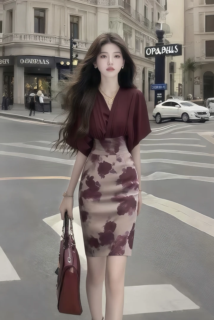 温柔纯欲千金风氛围感V领短袖收腰显瘦两件套时尚酒红色短裙套装