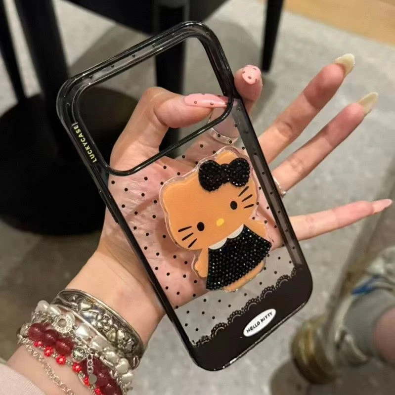 波点点钻黑皮猫咪适用于iPhone17promax手机壳16少女15可爱14卡通