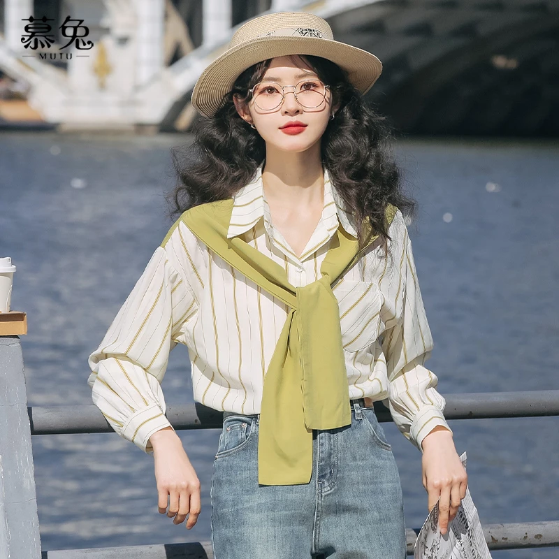 【正】港味宽松条纹长袖衬衫女2024秋季别致设计感小众披肩上衣