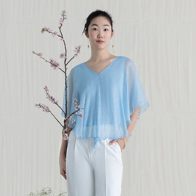 生活在左走秀同款金丝衫荷叶边显瘦宽松2025夏季上衣披肩1952044