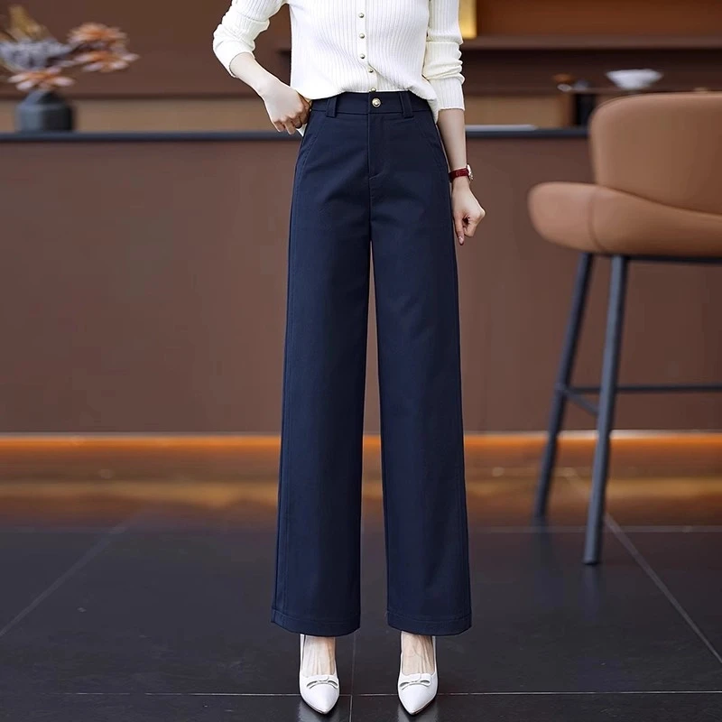 窄版直筒裤女2025新款夏季宽松休闲西装裤子春秋藏蓝色垂感阔腿裤