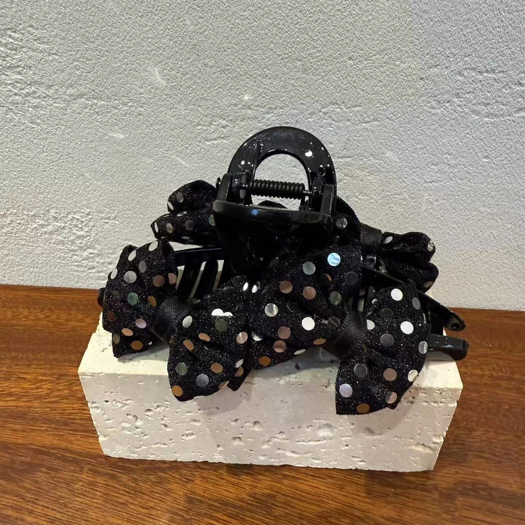 GREBUTY 6596 简约百搭黑色点点细闪蝴蝶结13cm抓夹