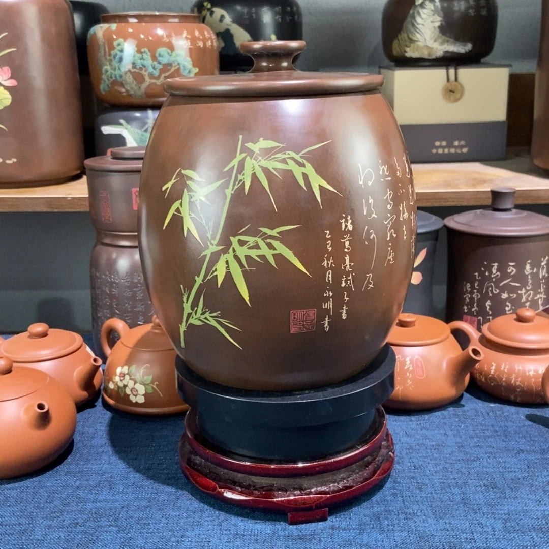 7建水紫陶手工精磨彩填醒茶罐