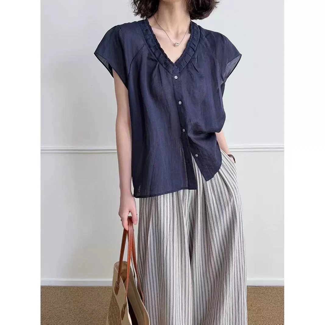 法式V领短袖衬衫小衫女2025新款夏季薄款小飞袖气质女士上衣衬衣