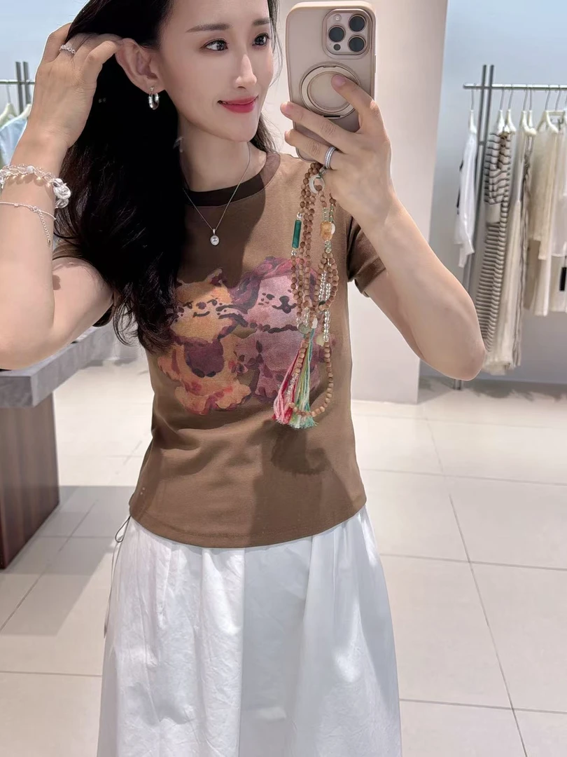 T恤-526125卡通油画小猫印花短袖