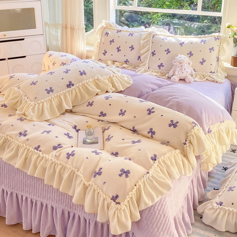 法式花边牛奶绒加厚床盖四件套冬季韩式高克重双面绒被套防滑被罩