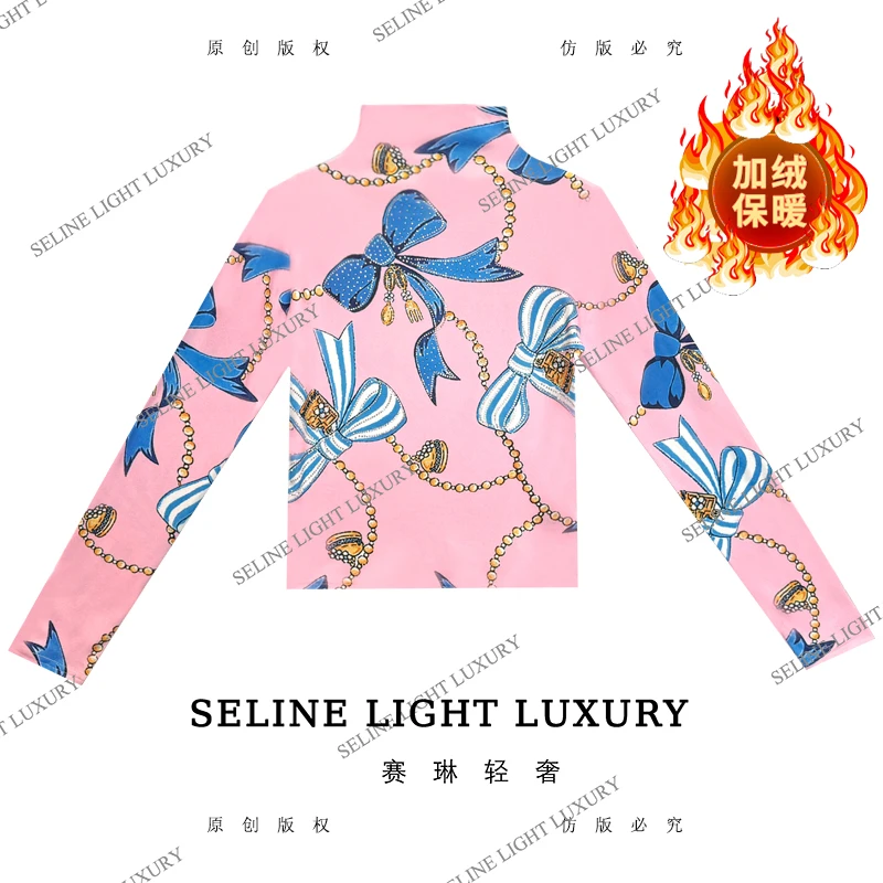 【25Q-764】海 2025 SELINE 珍珠蝴蝶结印花时尚轻奢高领加绒长袖