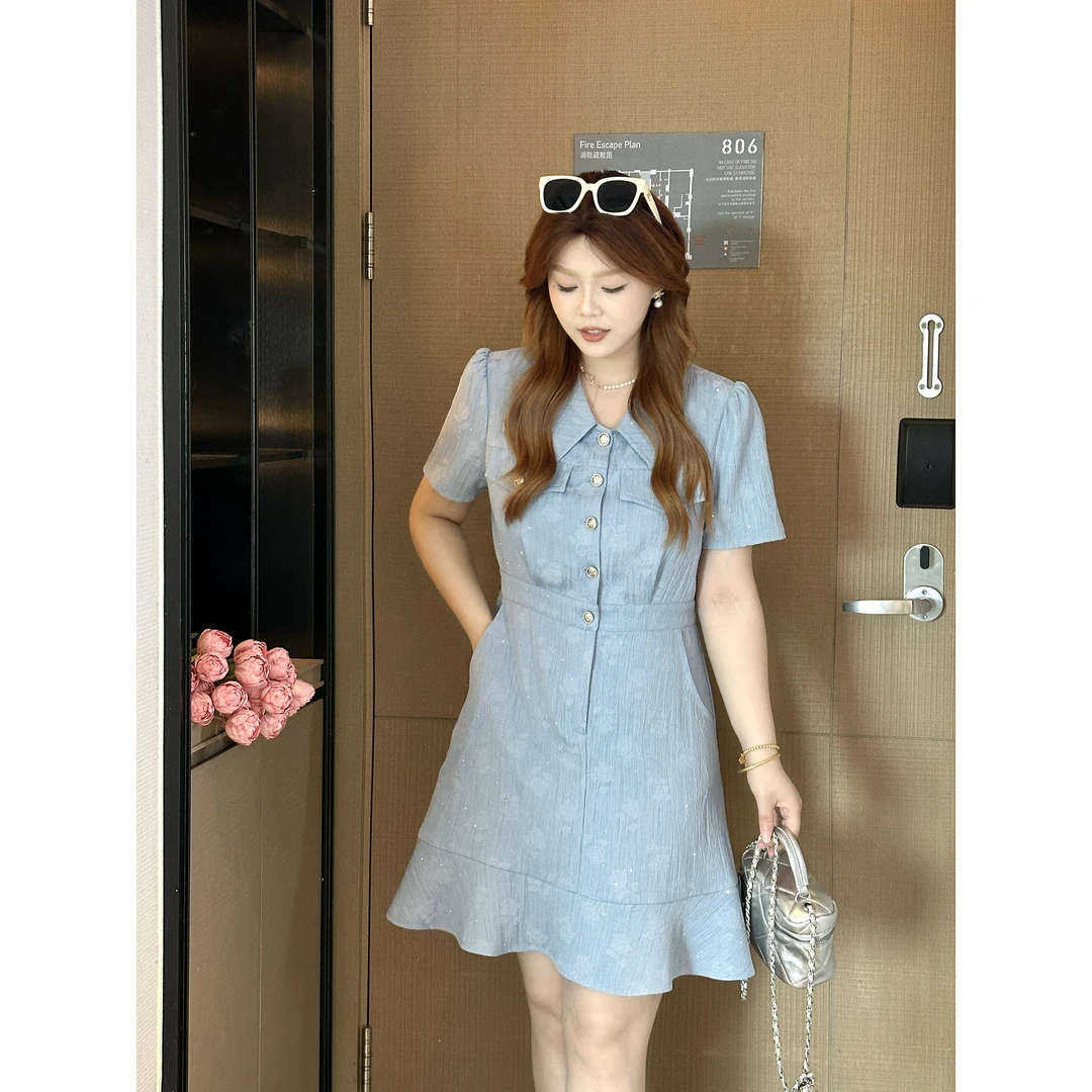 楠序关关微胖女装夏季新款polo领荷叶边显瘦法式连衣裙女DD10396