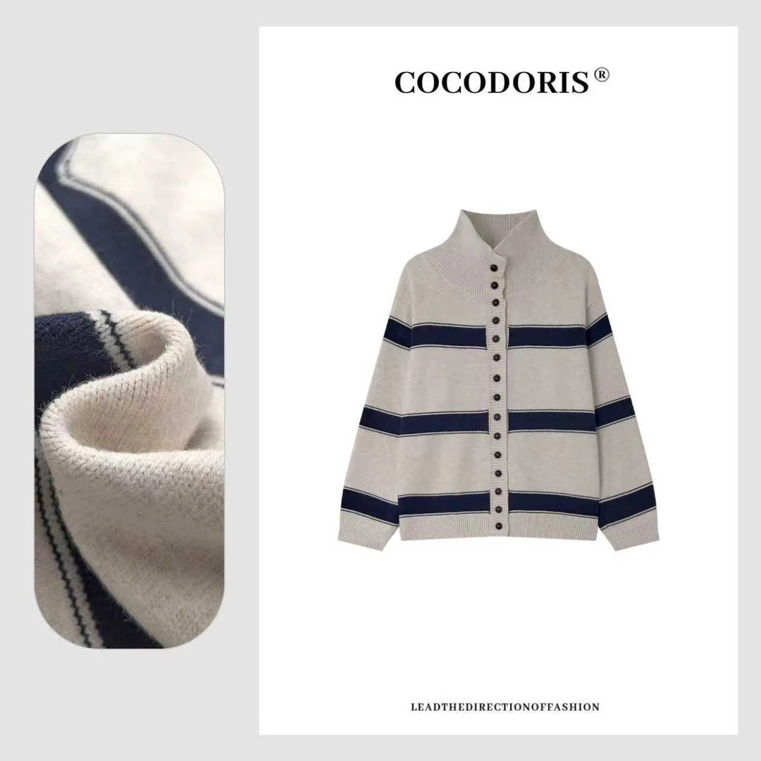COCO DORIS 2025新款韩版翻领拼色条纹针织秋季通勤百搭上衣5633