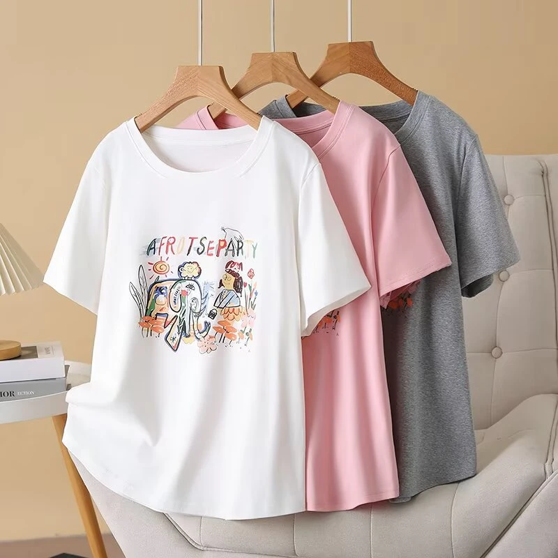 JIANAOBEN/简澳本大码洋气显瘦宽松时尚减龄印花圆领短袖T恤上衣