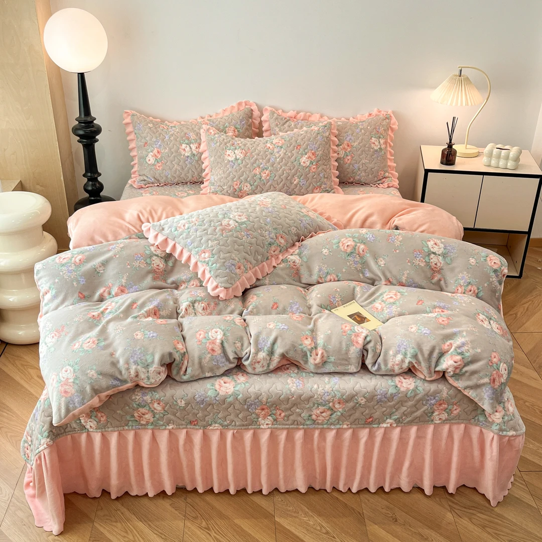 秋冬新款牛奶绒加厚床盖四件套AB版被套床盖高克重不掉毛不起静电